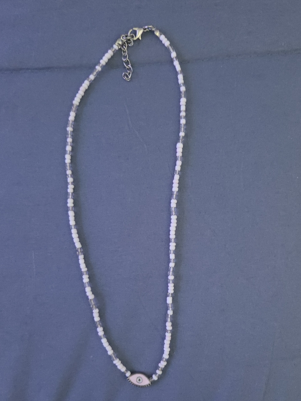 White and Silver Beaded Necklace with Eye Charm - Women Jewelry